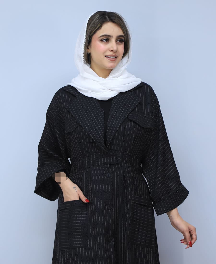 مانتو | مدل مانتو یقه انگلیسی راه راه کد 1517 – مشکی — تصویر ۲