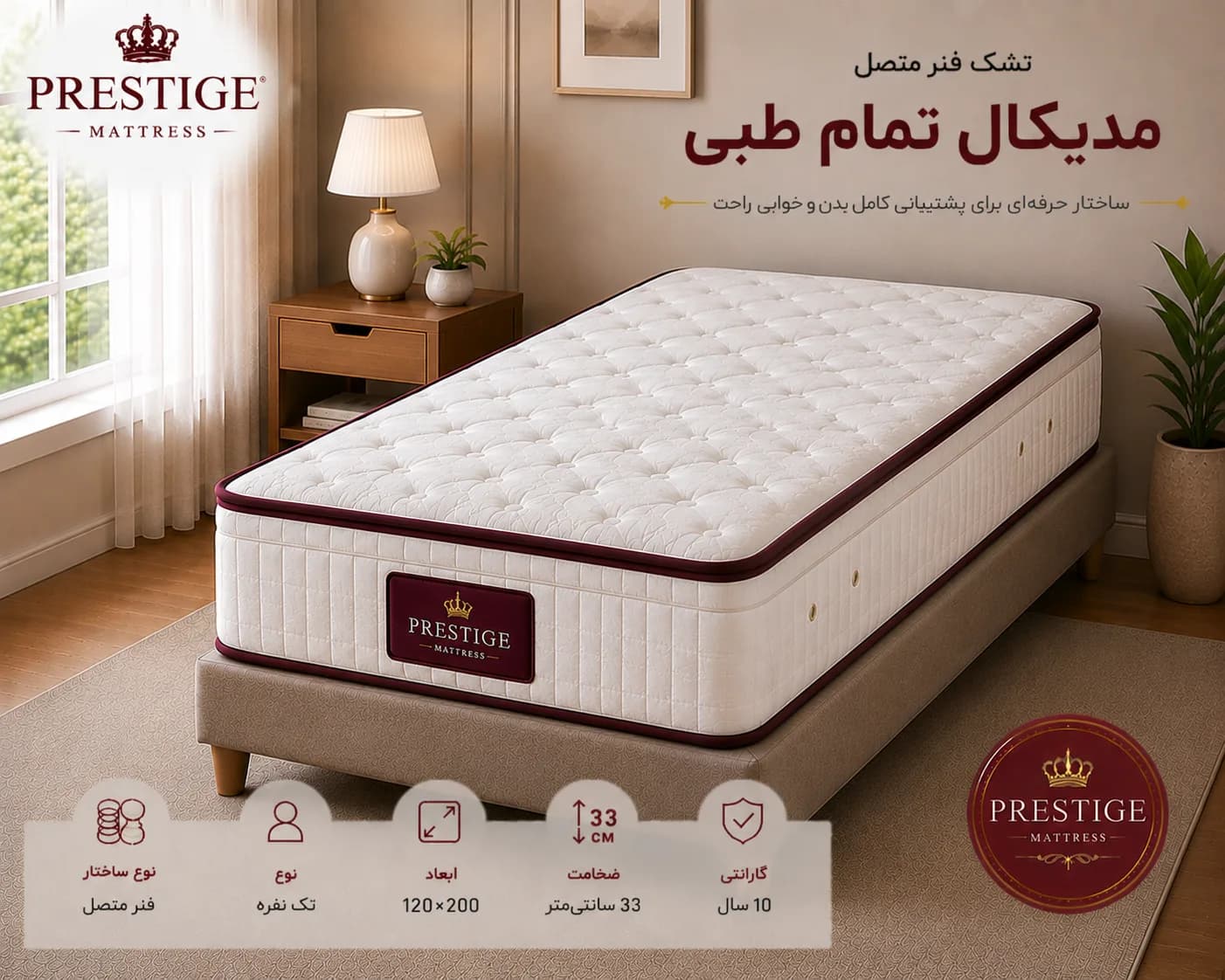 تشک تک نفره مدیکال تمام طبی (120*200)