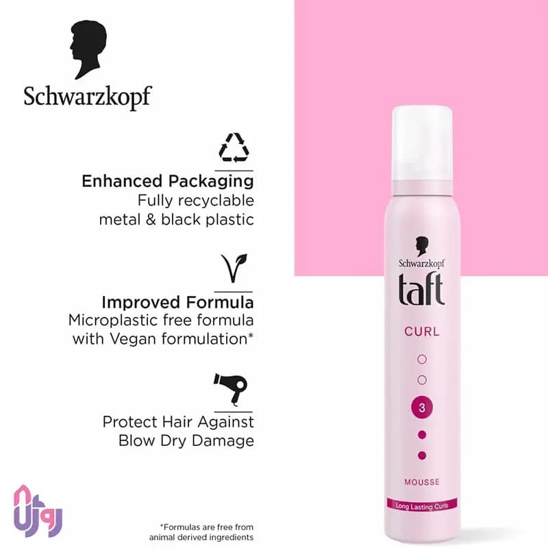 اسپری حالت‌دهنده مو شوارتسکف تافت Schwarzkopf Taft مدل موس مو کرل Curl Mousse با قدرت نگهدارندگی Hold 3 و ماندگاری طولانی مدت حجم 200 میل — تصویر ۷