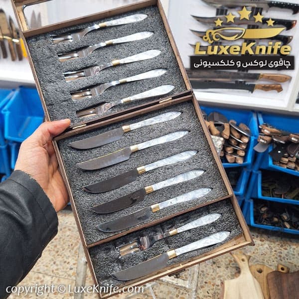 کارد و چنگال میوه خوری طرح الماس دسته رنگ سفید صدفی
