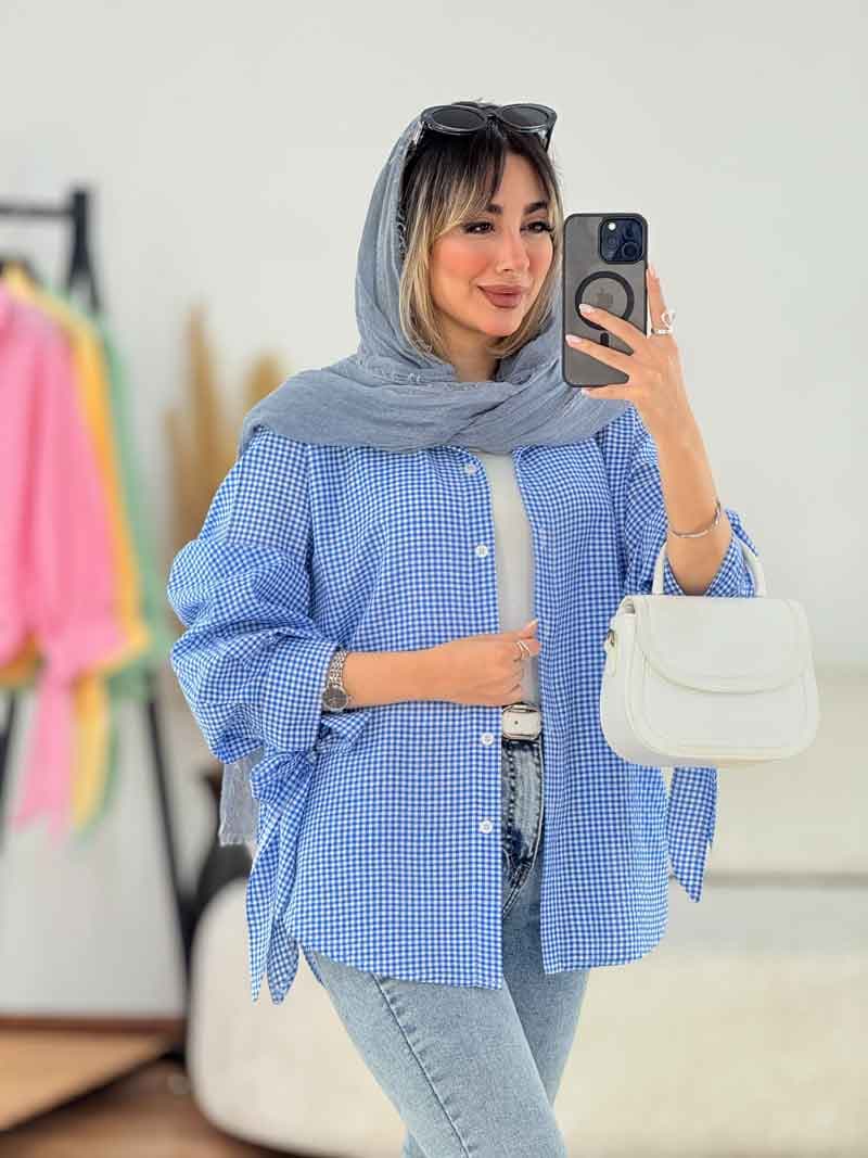 شومیز چهارخونه آستین بند کد 7718 — تصویر ۴