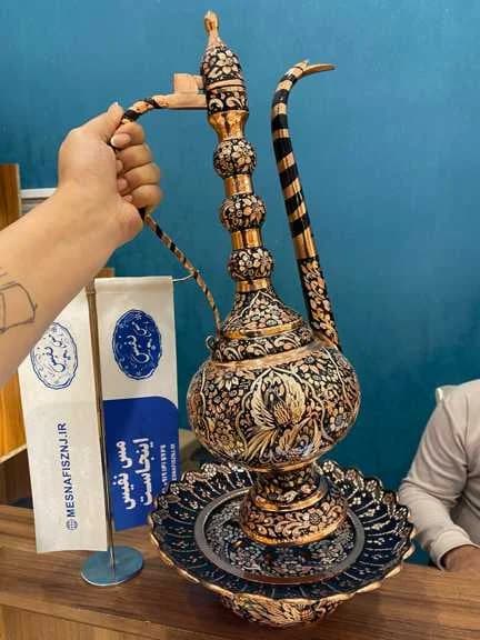 آفتابه لگن مسی الماس تراش و نقره طرح هما — تصویر ۲