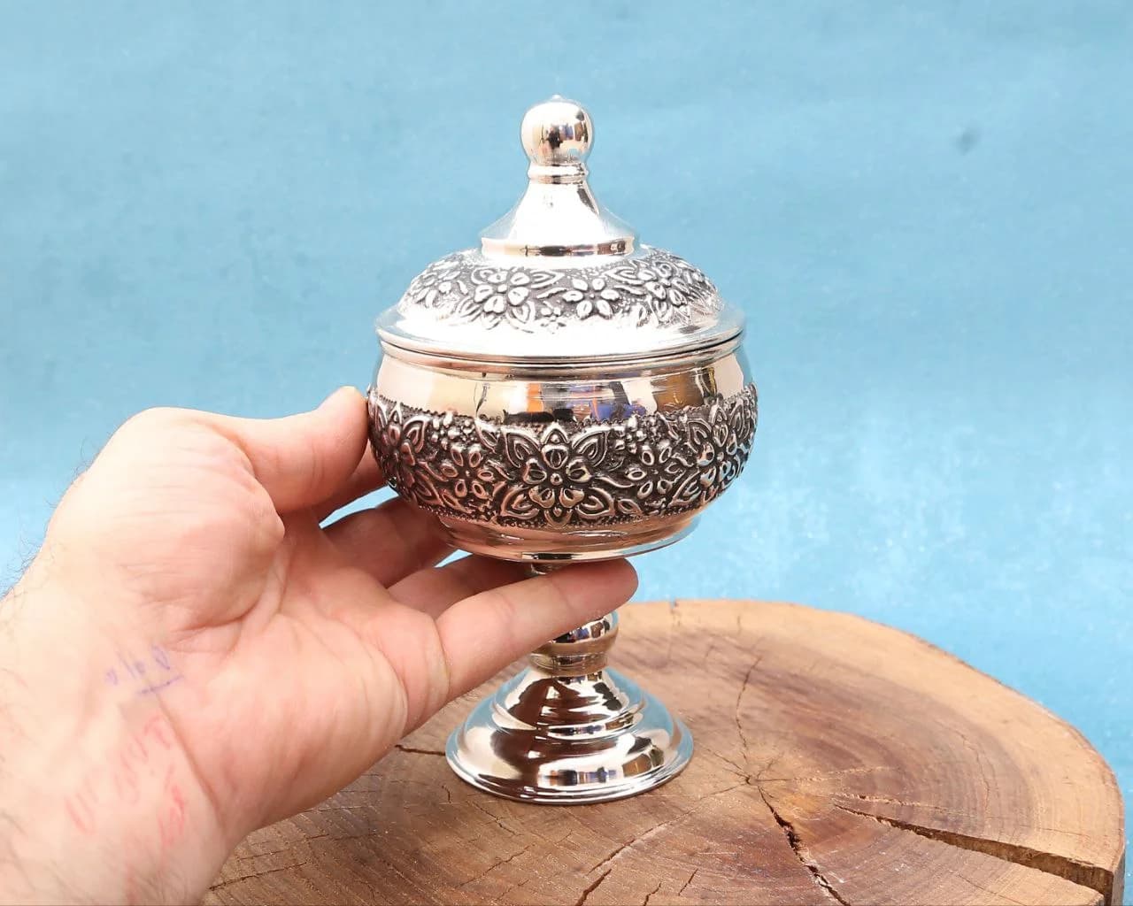 قندان‌مسی پایه‌دار یاسمن با آبکاری کروم