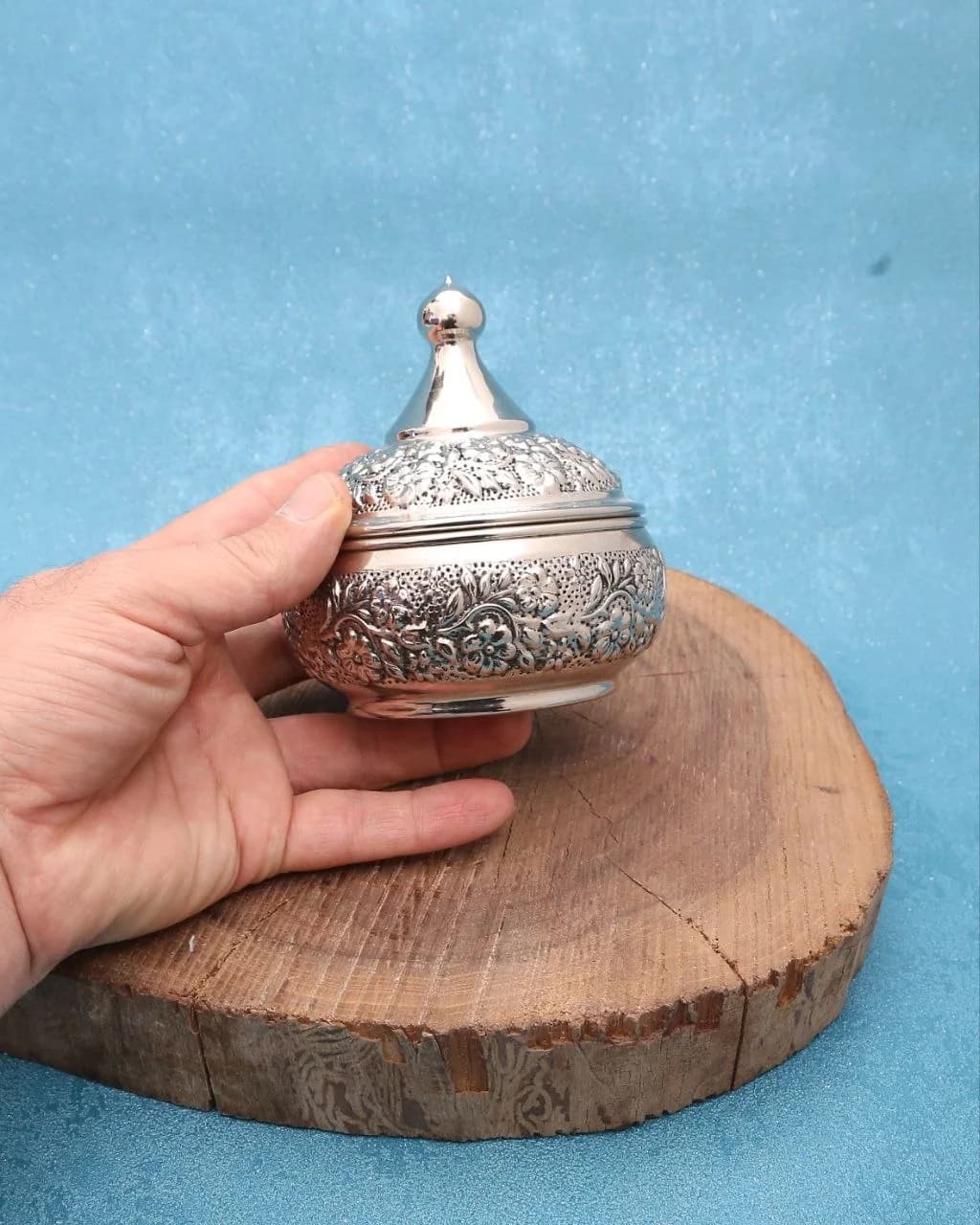 قندان مسی بدون پایه اطلسی با آبکاری کروم