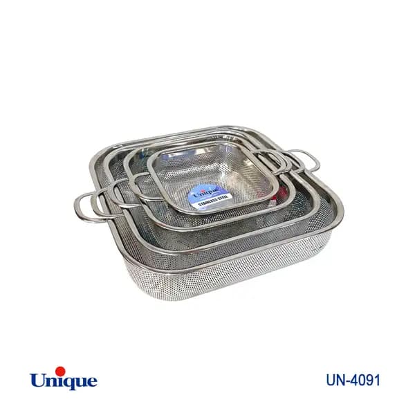 آبکش استیل مربعی 4 سایز یونیک کد UN-4091 (خارجی با کیفیت عالی) ( دارای پایه و دسته)