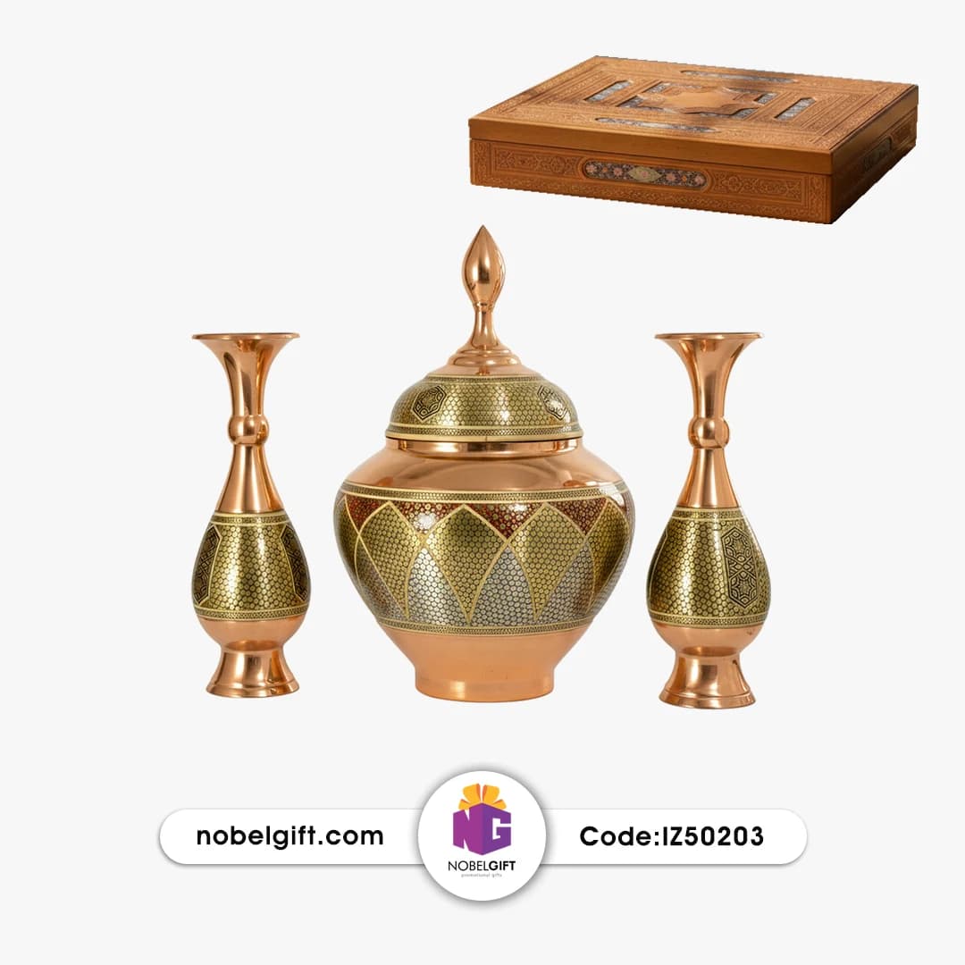 ست هدیه صنایع‌دستی مس و خاتم‌کاری فاخر کد IZ50203