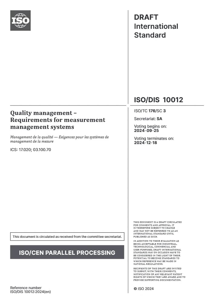 ISO/DIS 10012 مدیریت کیفیت: الزامات سیستمهای مدیریت اندازهگیری استاندارد نسخه PDF انگلیسی