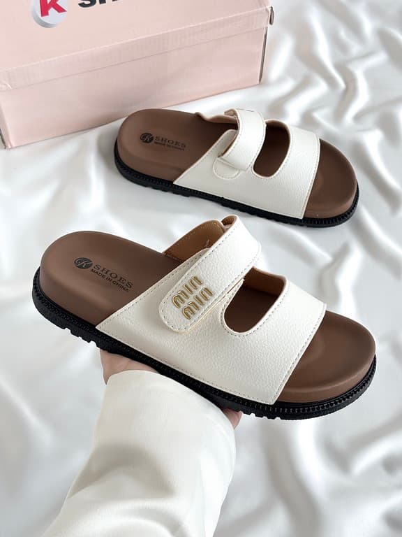 صندل دوبند چسبی طرح میو میو سفید Miu Miu white double strap sandals