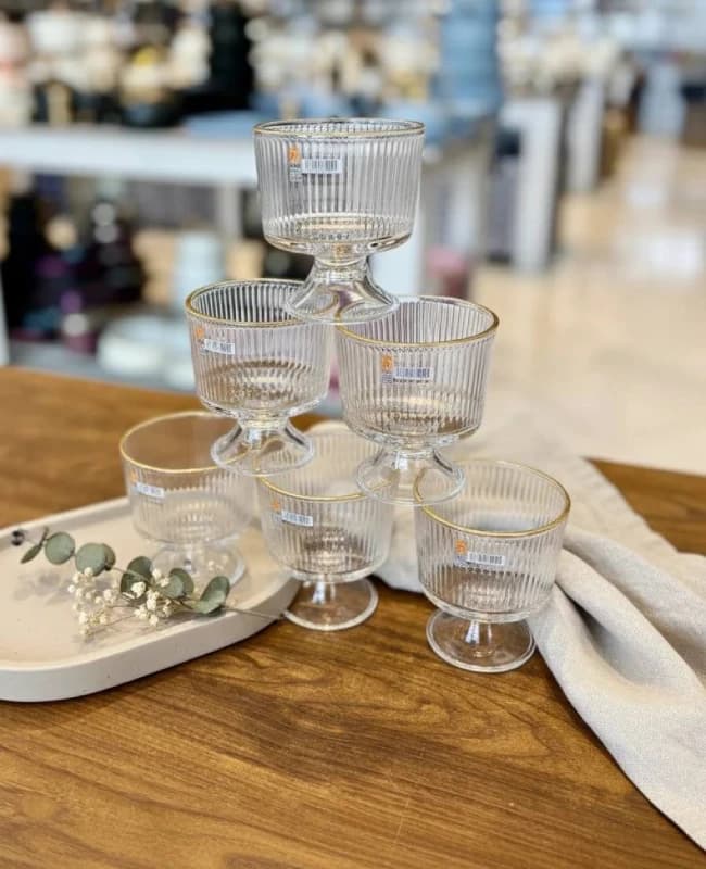 بستنی خوری شیاردار پایه کوتاه لب طلا Deli Glass کد KIT-1356 — تصویر ۲