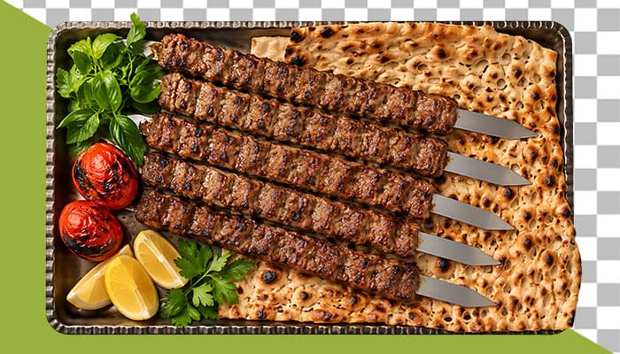 تصویر PNG کباب کوبیده با نان سنگک ، گوجه کبابی و مخلفات تازه