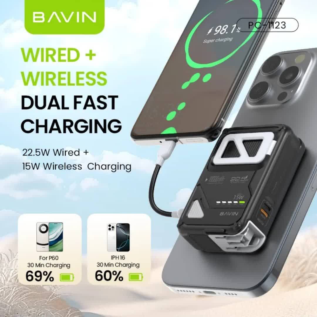 پاوربانک 10000 میلی‌آمپرساعت باوین BAVIN مدل PC1123Y با شارژ سریع 22.5 وات و شارژ بی‌سیم 15 وات — تصویر ۴