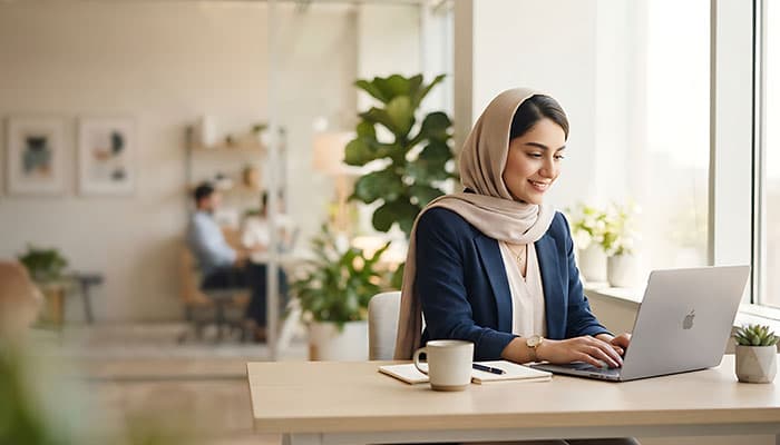 دانلود تصویر با کیفیت دختر جوان ایرانی در محیط اداری مدرن در حال کار با لپ‌ تاپ