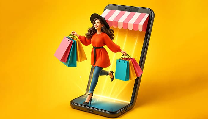 دانلود تصویر خرید آنلاین و فروشگاه موبایلی با زن و پاکت خرید | JPG