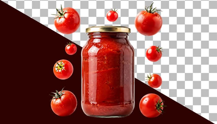 دانلود تصویر PNG دوربری شده شیشه رب گوجه‌ فرنگی و گوجه‌ فرنگی‌ های تازه