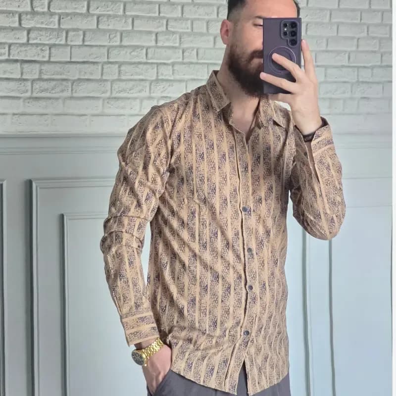 پیراهن آستین بلند مردانه نخی سایز M تا XXL رنگی — تصویر ۵
