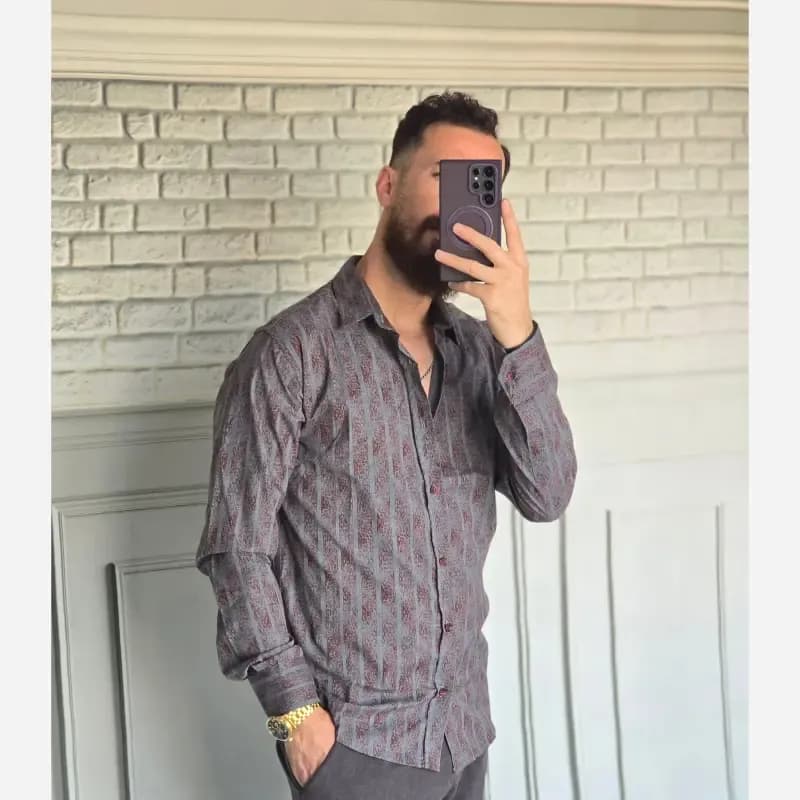پیراهن آستین بلند مردانه نخی سایز M تا XXL رنگی — تصویر ۷