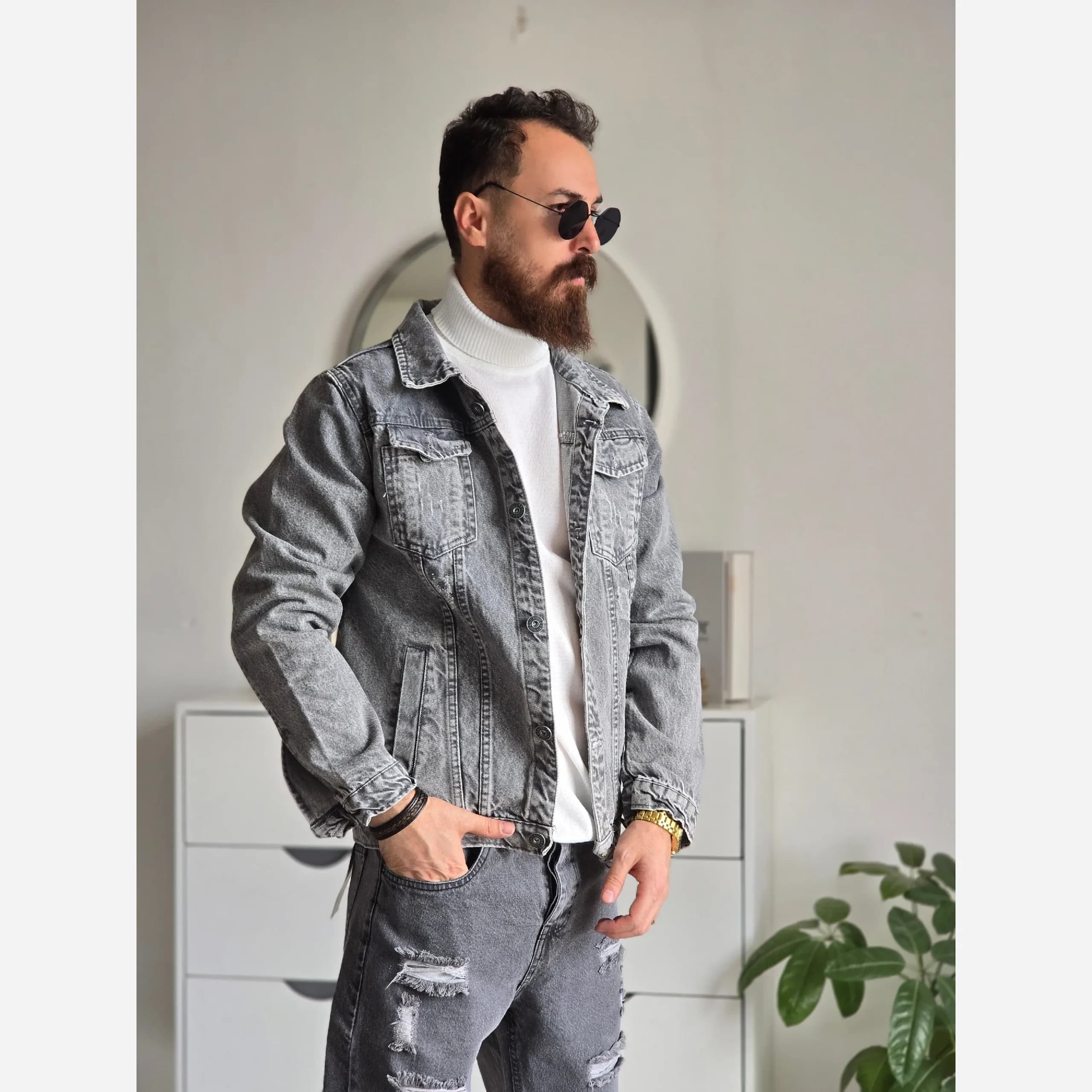 کت جین مردانه پارچه ترک رنگ طوسی تمام کش و قواره دار سایز M تا XXL — تصویر ۹
