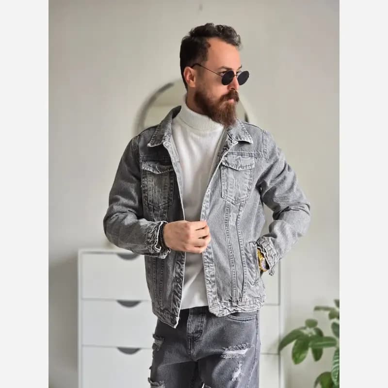 کت جین مردانه پارچه ترک رنگ طوسی تمام کش و قواره دار سایز M تا XXL — تصویر ۲