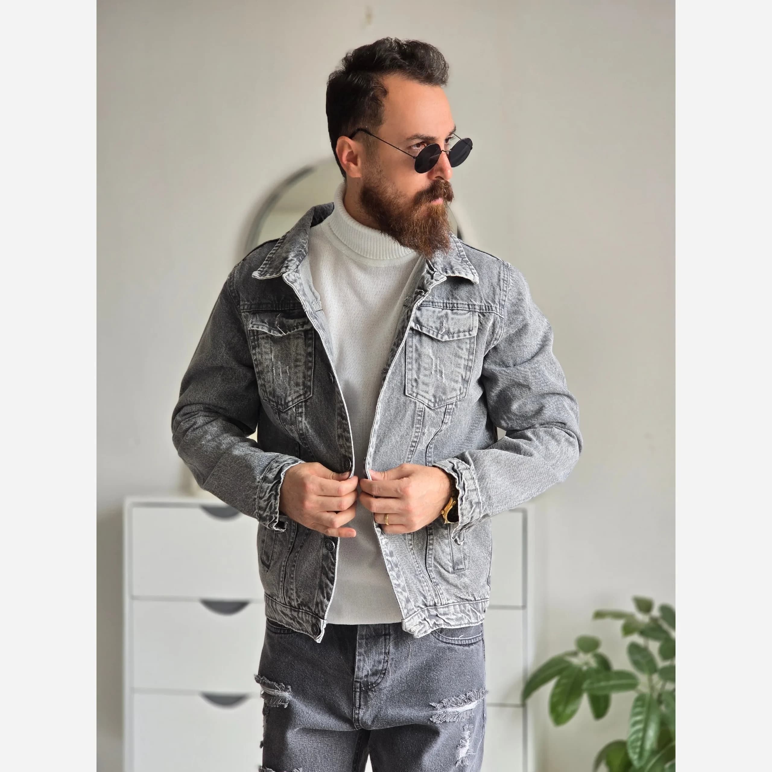 کت جین مردانه پارچه ترک رنگ طوسی تمام کش و قواره دار سایز M تا XXL — تصویر ۸