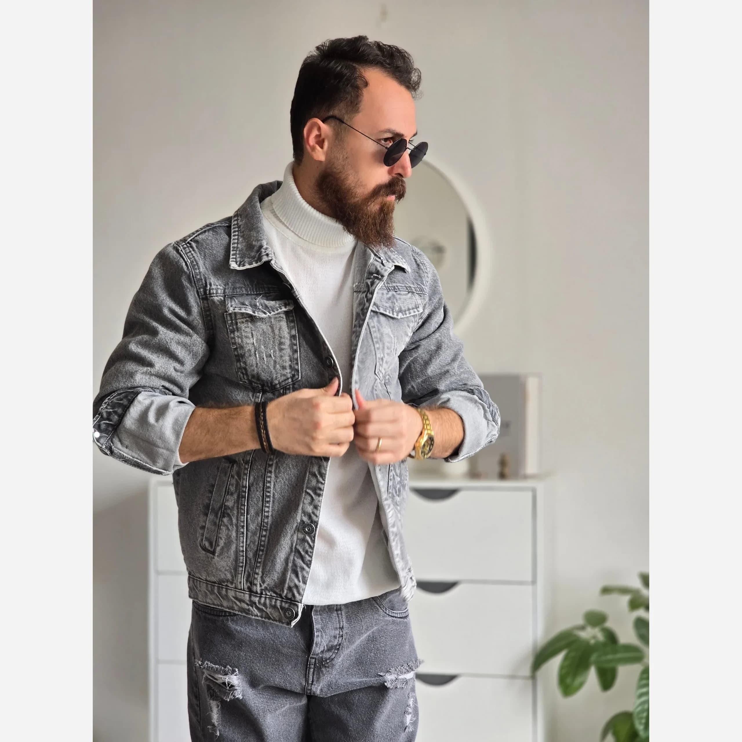 کت جین مردانه پارچه ترک رنگ طوسی تمام کش و قواره دار سایز M تا XXL — تصویر ۱۱