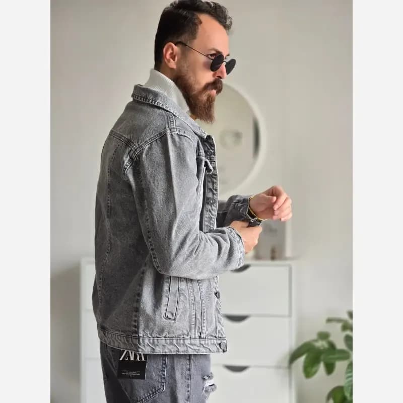 کت جین مردانه پارچه ترک رنگ طوسی تمام کش و قواره دار سایز M تا XXL — تصویر ۵