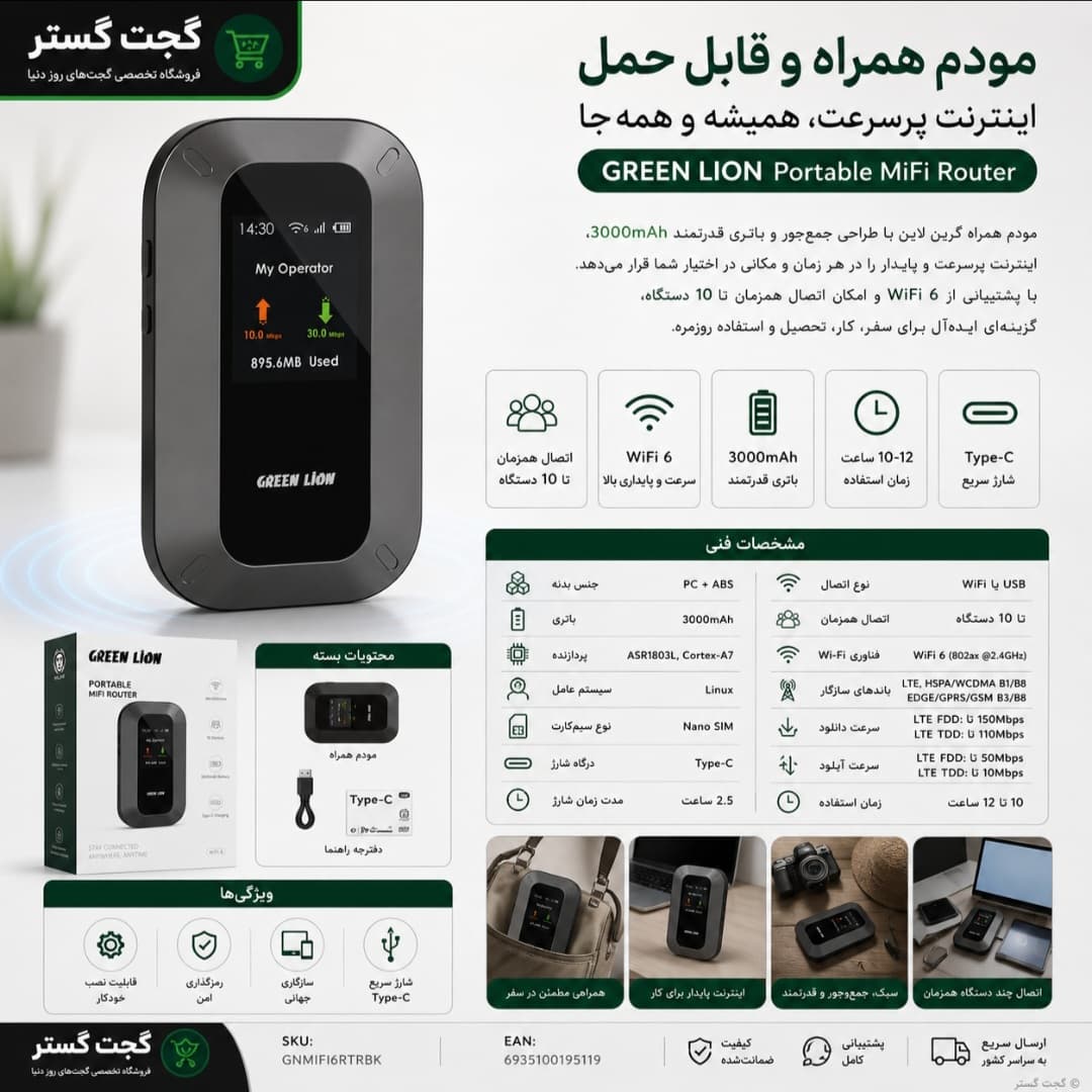 مودم قابل حمل 4G LTE گرین لاین Green Lion Portable Mifi Router GNMIFI6RTRBK — تصویر ۲