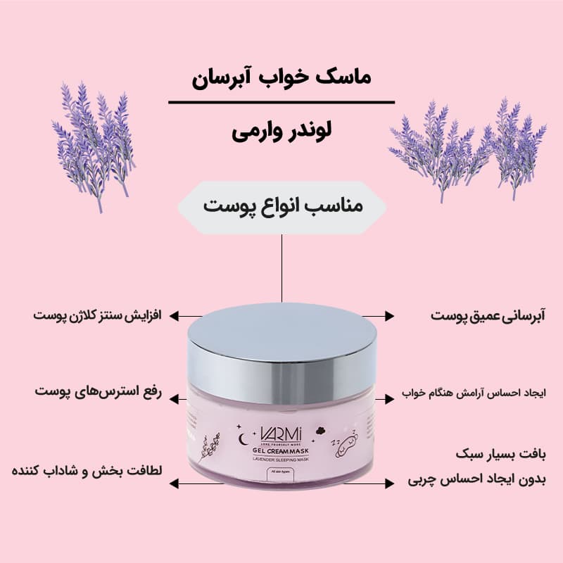 ماسک خواب صورت آبرسان وارمی مدل لوندر حجم 75 میلی‌لیتر با جذب سریع، کوچک‌کننده منافذ پوست، مغذی و لطافت‌بخش مناسب انواع پوست و افزایش کیفیت خواب و ترمیم پوست در خواب — تصویر ۶