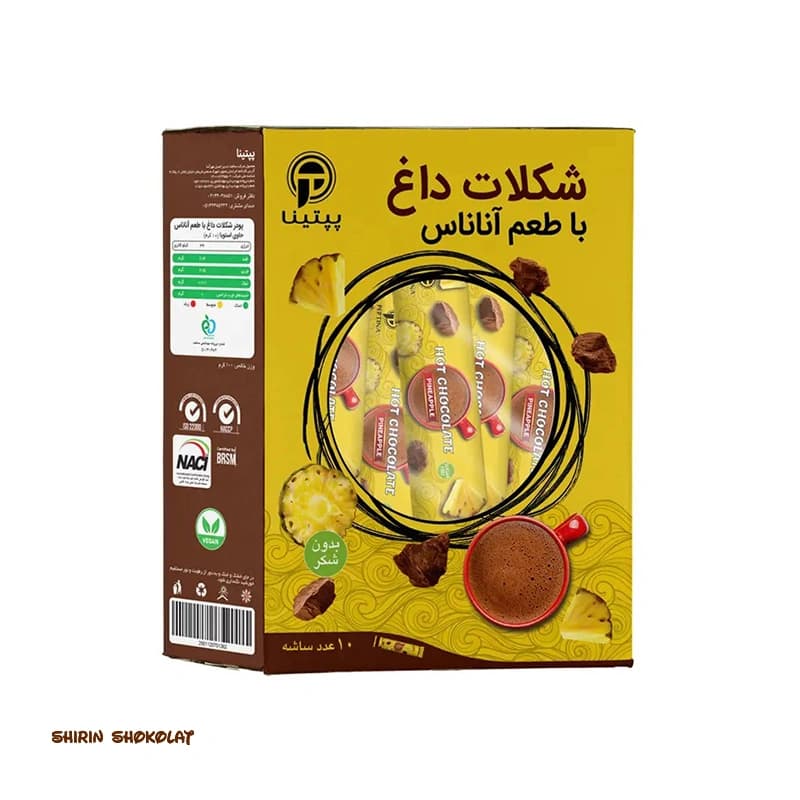 پودر شکلات داغ بدون شکر پپتینا Peptina با طعم آناناس بسته 10 عددی