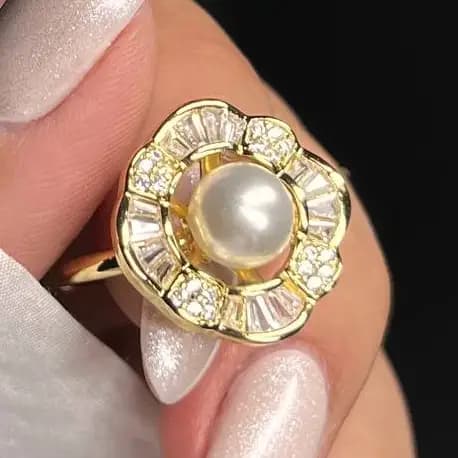 انگشتر زنانه و دخترانه آبکاری نقره جواهری طرح گل وسط مروارید فری سایز رنگ ثابت کد etk
