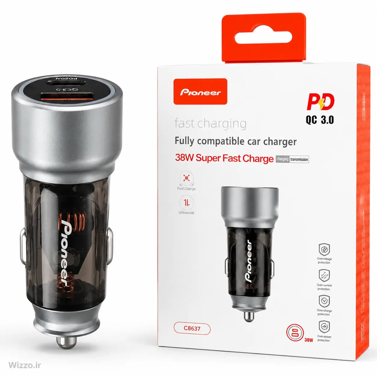 شارژر فندکی خودرو پایونیر مدل C8637 فست شارژ ۳۸ وات — تصویر ۳