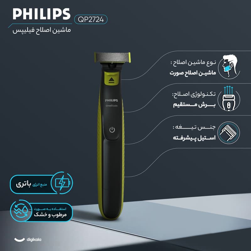 ماشین اصلاح موی صورت فیلیپس مدل QP2724 با تیغه استیل پیشرفته، اصلاح صفر زن با اندازه 0.1 میلی‌متر، ضد آب، شارژی با باتری نیکلی هیدرید فلزی، قابلیت اصلاح تر و خشک، همراه با 3 عدد شانه قابل تنظیم، وزن 2 — تصویر ۷