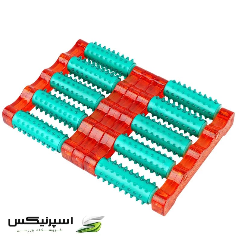 ماساژور دستی پا تن‌زیب مدل غلطکی دوبل با دو ردیف غلتک برجسته، طراحی ارگونومیک، پایه ضد لغزش، قابلیت ضد آب، بهبود گردش خون، تسکین درد و کاهش استرس، رفع خستگی و سلولیت