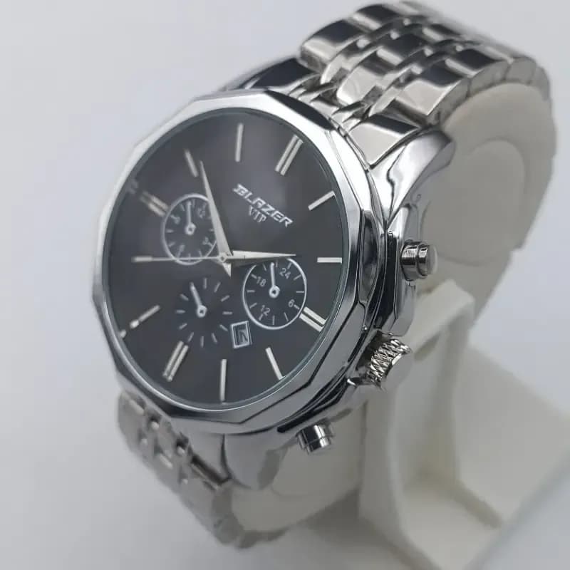 ساعت مردانه بلیزر استیل صفحه مشکی طرح سه موتور رفرانس 3139 تقویم دار — تصویر ۳