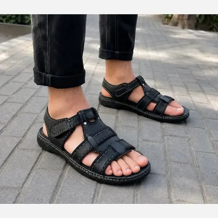 صندل مردانه تابستانی مدل پوشکاش طبی و سبک با رویه چرم ترکیبی — تصویر ۲
