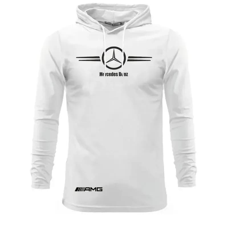 تیشرت آستین بلند مردانه طرح Benz مدلd5678 کلاه دار نخی اعلا سه رنگ مشکی زرد سفید سایزبندی L XL 2XL — تصویر ۳