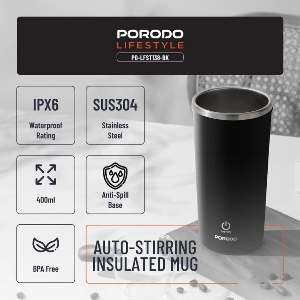 ماگ همزن دار پرودو Porodo Auto-Stirring Insulated Mug PD-LFST138 – مشکی — تصویر ۳