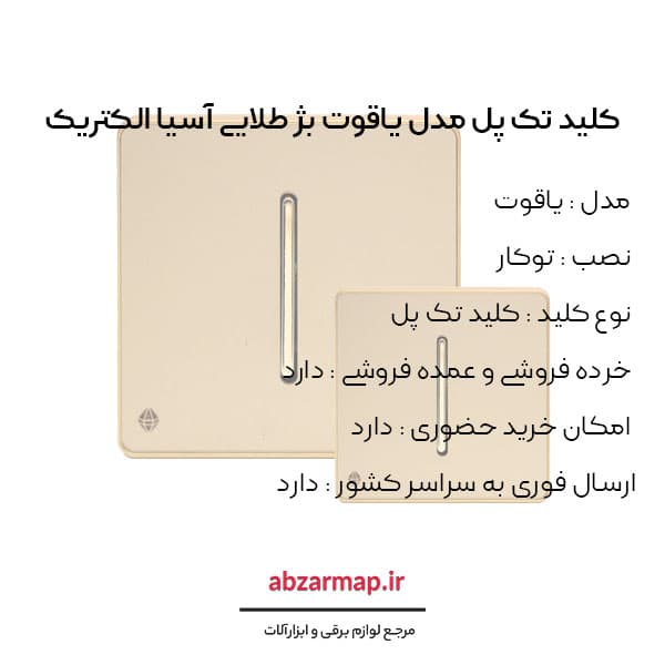 کلید تک پل مدل یاقوت بژ آسیا الکتریک — تصویر ۳