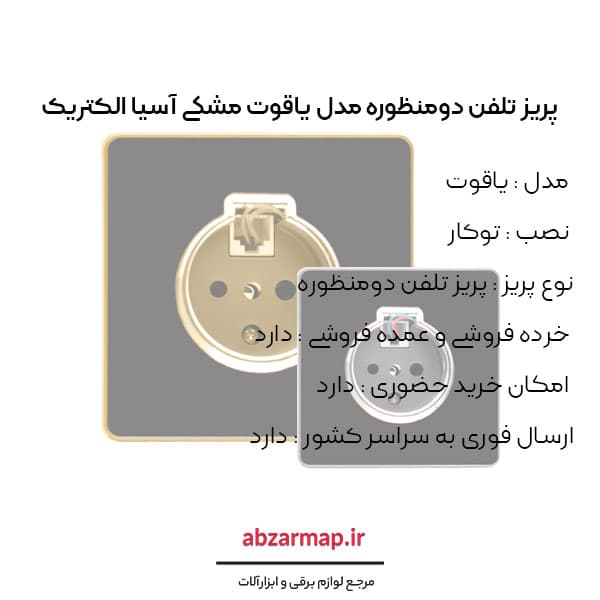 پریز تلفن دومنظوره مدل یاقوت مشکی آسیا الکتریک — تصویر ۴