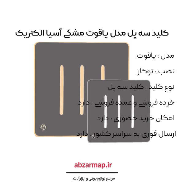 کلید سه پل مدل یاقوت مشکی آسیا الکتریک — تصویر ۴