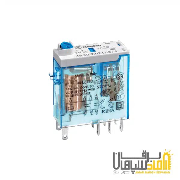 رله Finder فیندر 24VDC دو کنتاکت 8 آمپر نصب بر مدار چاپی و سوکت 97 مدل 465290240040