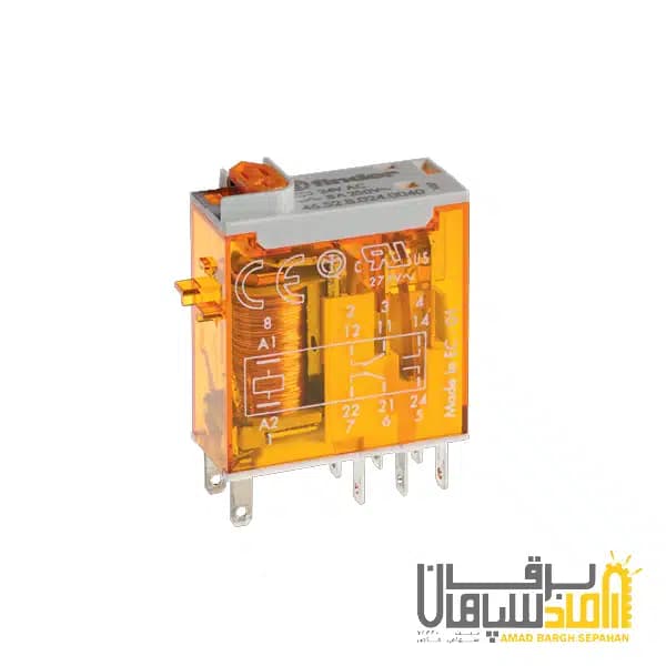 رله Finder فیندر 24VAC دو کنتاکت 8 آمپر نصب بر مدار چاپی و سوکت 97 مدل 465280240054