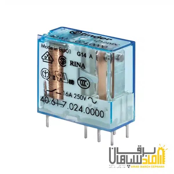 رله Finder فیندر 12VDC تک کنتاکت 16 آمپر نصب بر مدار چاپی و سوکت 95 مدل 406190120000