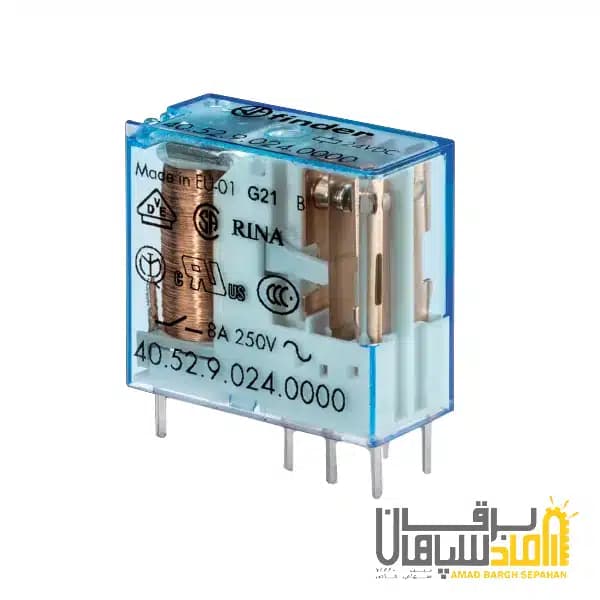 رله Finder فیندر 24VDC دو کنتاکت 8 آمپر نصب بر مدار چاپی و سوکت 95 مدل 405290240000