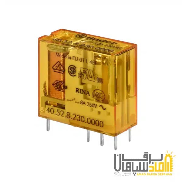 رله Finder فیندر 48VAC دو کنتاکت 8 آمپر نصب بر مدار چاپی و سوکت 95 مدل 405280480000