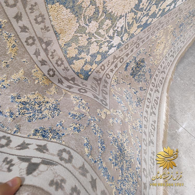 فرش طلاکوب آبی صدفی وینتیج 700 شانه اکرولیک 75017 KT — تصویر ۲