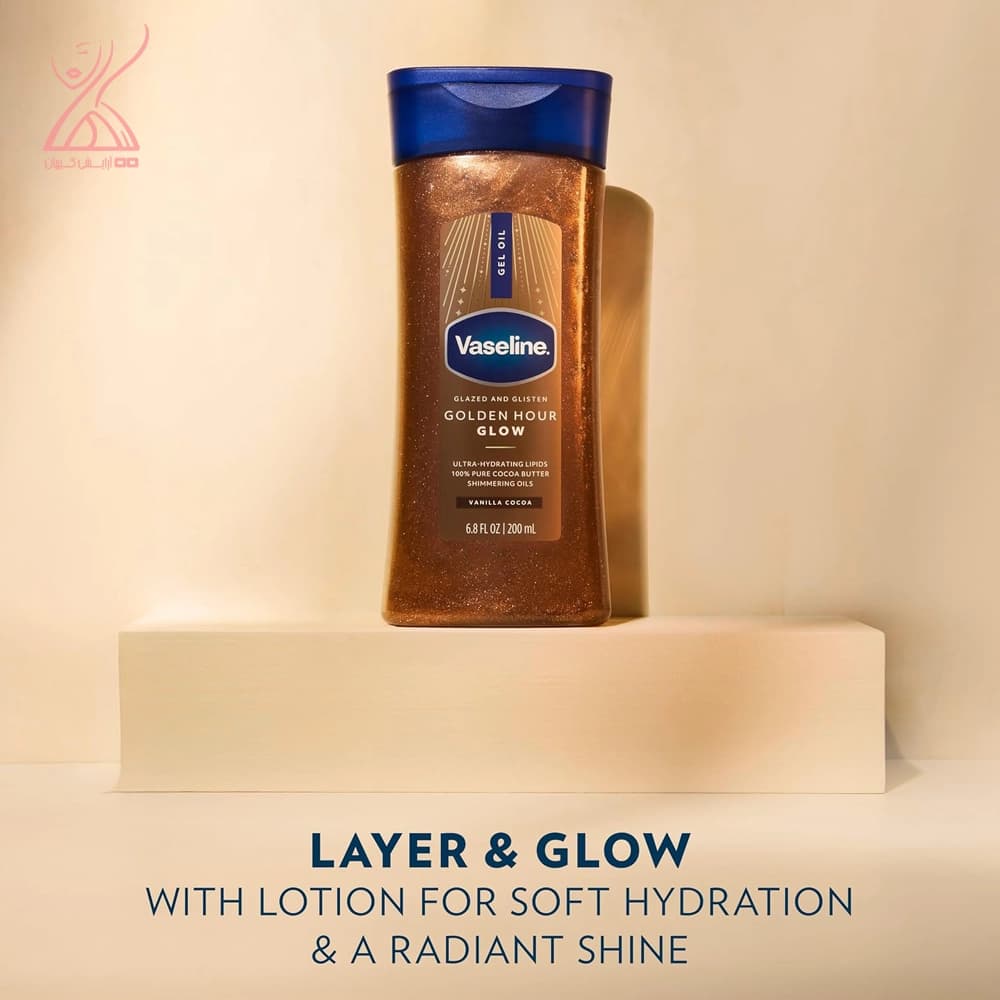 ژل روغن براق کننده بدن وازلین مدل Vaseline Golden Hour Glow Vanilla Cocoa — تصویر ۳
