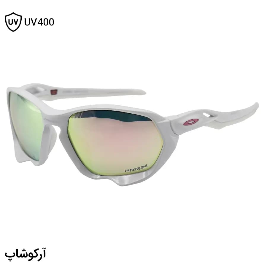 عینک ورزشی اوکلی با فریم سفید براق، بیس‌دار، لنز جیوه‌ای، چند رنگ و UV400 مدل OO9019-0959