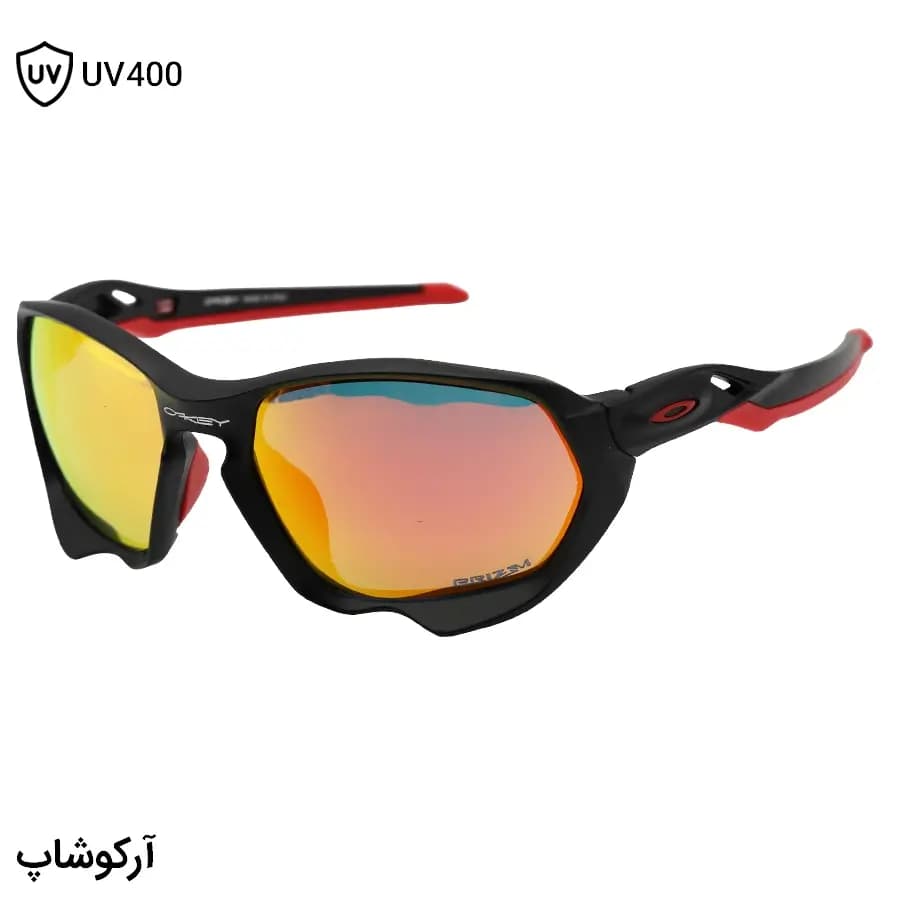 عینک ورزشی OAKLEY با فریم مشکی مات، بیس‌دار، لنز جیوه‌ای، قرمز رنگ و UV400 مدل OO9019-0959