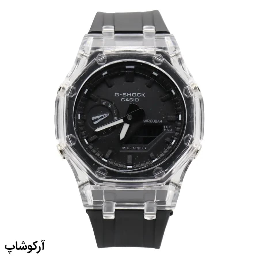 ساعت مردانه CASIO G-SHOCK قاب شفاف، صفحه مشکی آنالوگ و دیجیتال، بند سیلیکونی مشکی، قاب هشت‌ضلعی، نمایش تاریخ و روزهای هفته، موتور کوارتز دوزمانه، قفل سگکی پین‌دار مدل GA-2100
