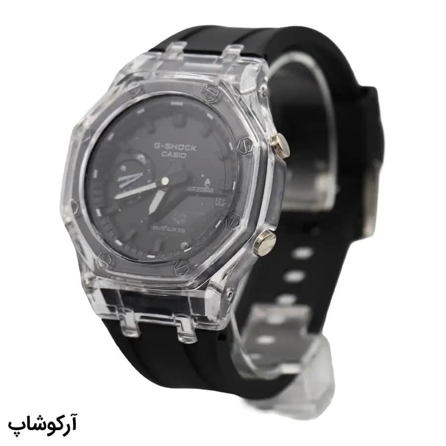 ساعت مردانه CASIO G-SHOCK قاب شفاف، صفحه مشکی آنالوگ و دیجیتال، بند سیلیکونی مشکی، قاب هشت‌ضلعی، نمایش تاریخ و روزهای هفته، موتور کوارتز دوزمانه، قفل سگکی پین‌دار مدل GA-2100 — تصویر ۲